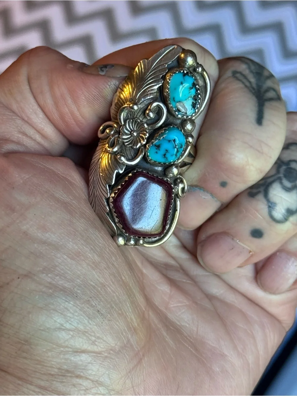 Vintage 1970s Rose Castillo Navajo Sterling Silver Turquoise Spiny Oyster Ring